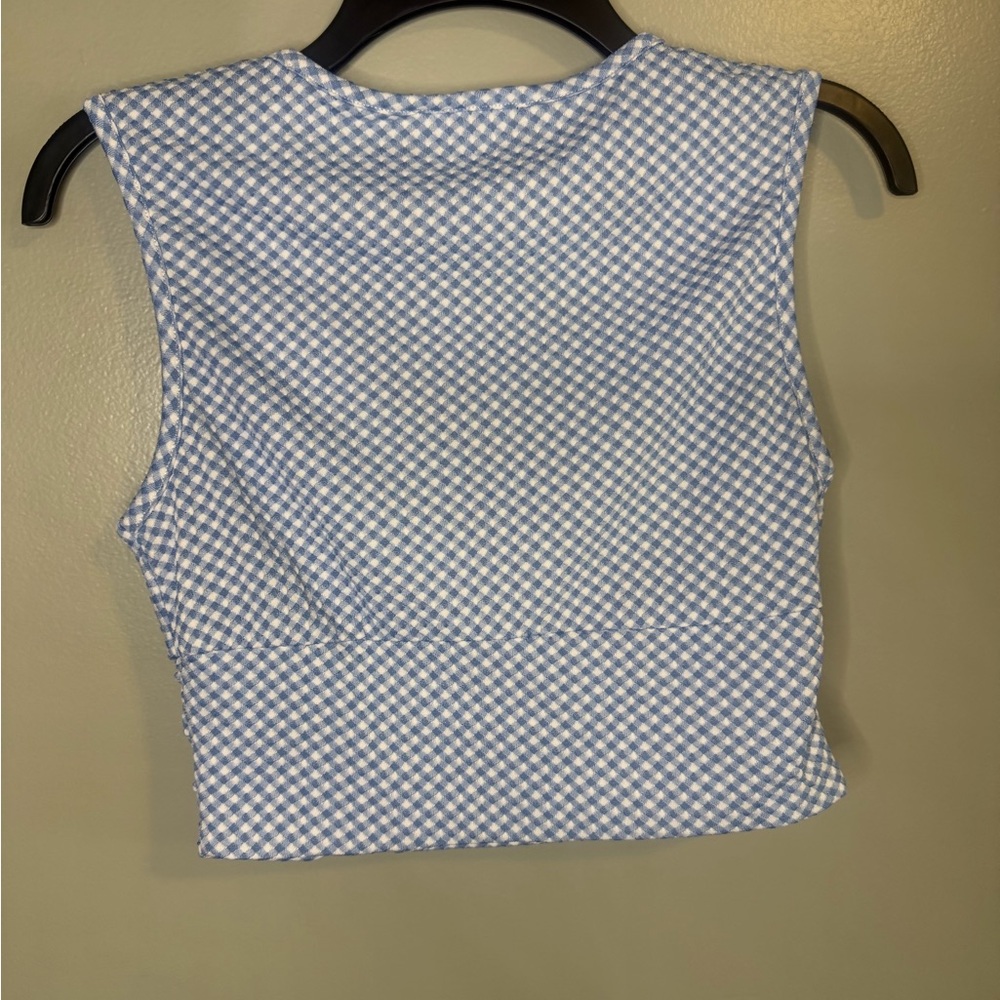 Cider Light Blue and White Gingham Wrap Crop Check Top size medium - Picture 6 of 8